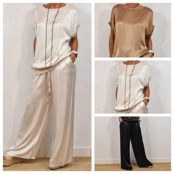 Women's Satin Short Sleeve Top & Pants 2-Piece Set